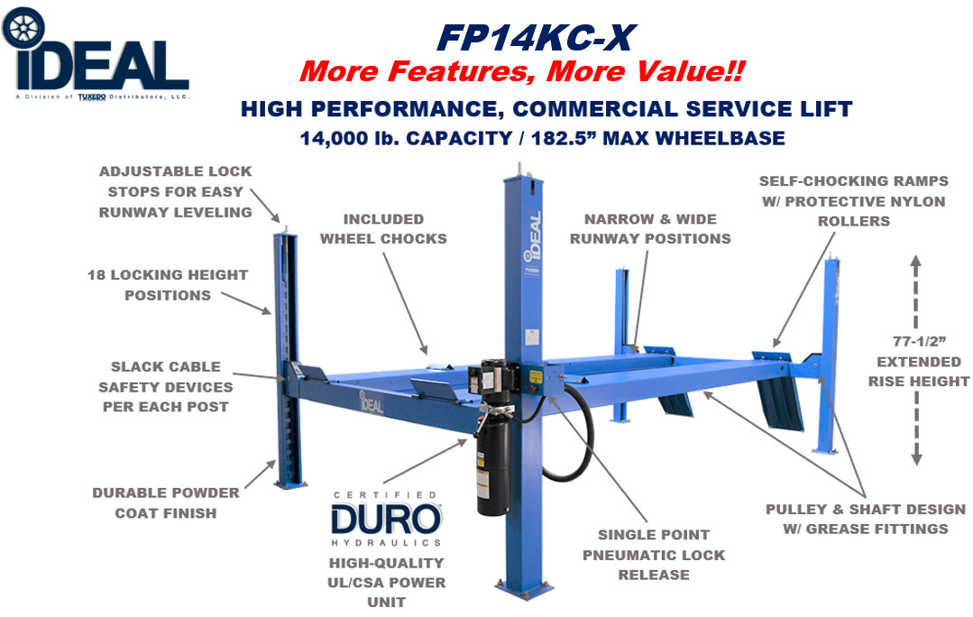 IDEAL FP14KC-X 14,000 LB CLOSED FRONT, CABLE DRIVEN 4 POST SERVICE LIFT
