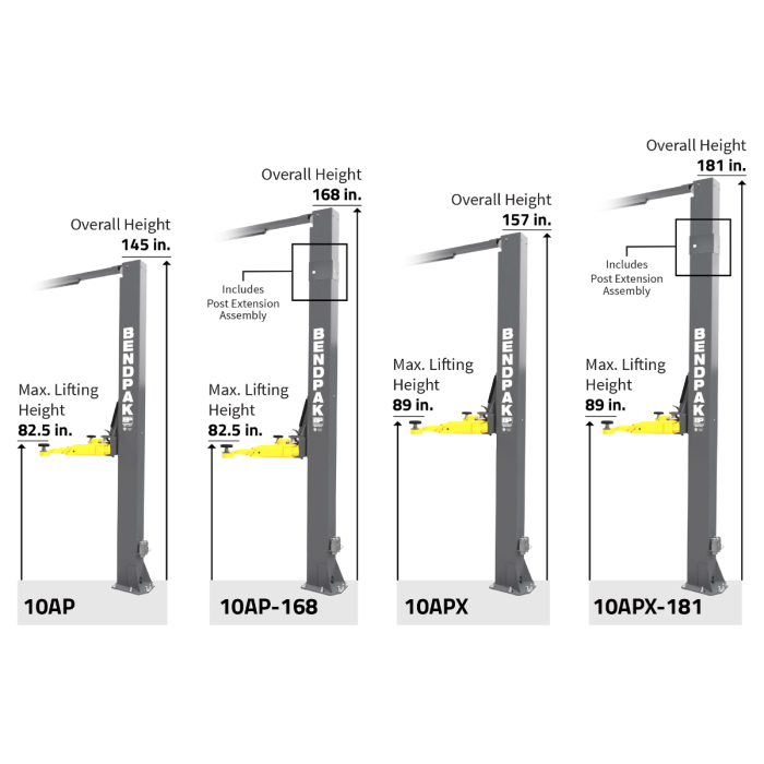 BendPak 10APX 10,000‐lb. Capacity / Adaptable Clearfloor / Adjustable Width / Screw Pads / HIGH-RISE / 157" O.A. Height